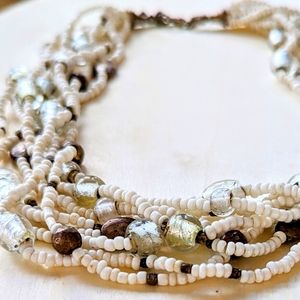 Boho Beach Glass Chunky Multi Strand White and Bronze Bead Layered Necklace